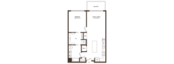 A floor plan of a house with a balcony, bedroom, living/dining area, and kitchen.