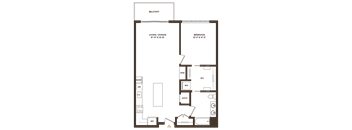 A floor plan of a house with a balcony, living/dining area, bedroom, and kitchen.