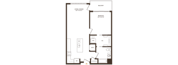 A floor plan of a house with a balcony, living/dining area, and bedroom.