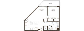 A floor plan of a house with a living room, dining room, bedroom, and pantry.