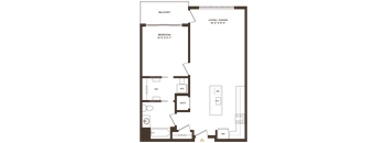 A floor plan of a home with a balcony, living/dining area, and a bedroom.
