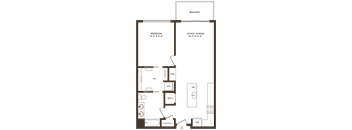 A floor plan of a house with a balcony, bedroom, living/dining area, and a kitchen.