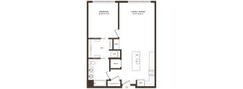 A floor plan of a room with a bedroom, living/dining area, and a workspace.