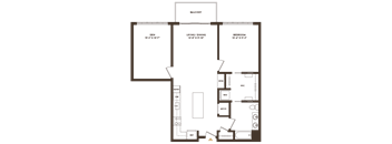 A floor plan of a balcony, den, living/dining area, and bedroom with their respective dimensions.