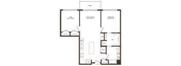 A floor plan of a house with a den, living/dining area, and a bedroom.