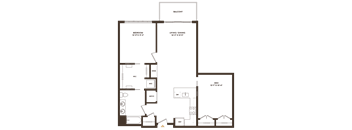 A floor plan of a house with a balcony, living/dining area, and a den.