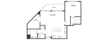 A floor plan of a house with a living room, dining room, kitchen, and two bedrooms.