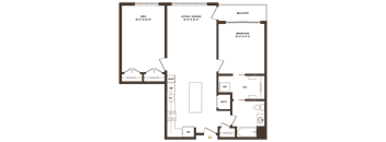 A floor plan of a house with a den, living/dining area, balcony, and bedroom.