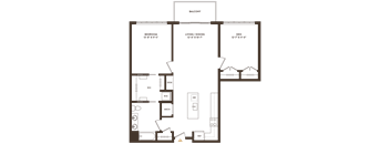 A floor plan of a house with a balcony, bedroom, living/dining area, den, and bathroom.