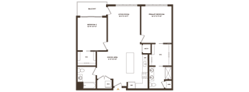 A floor plan of a house with a balcony, two bedrooms, a living room, a dining area, and a kitchen.
