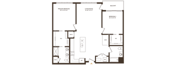 A floor plan of a house with a primary bedroom, living room, balcony, and two other bedrooms.