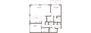 A floor plan of a house with a living room, dining room, two bedrooms, a balcony, and a primary bedroom.