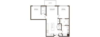 A floor plan of a balcony, living/dining area, and two bedrooms with their respective dimensions.