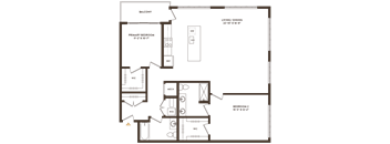 A floor plan of a house with a balcony, two bedrooms, a living/dining area, and a kitchen.