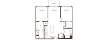 A floor plan of a house with a balcony, two bedrooms, a living/dining area, and a kitchen.