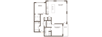 A floor plan of a house with a living room, two bedrooms, a balcony, and a bathroom.
