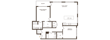 A floor plan of a home with a living/dining area, two bedrooms, and a balcony.