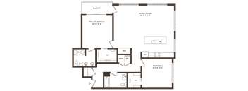 A floor plan of a house with a balcony, living/dining area, and two bedrooms.