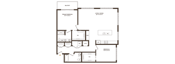A floor plan of a balcony with a primary bedroom, living/dining area, and two bedrooms.