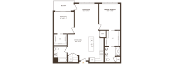 A floor plan of a house with a balcony, two bedrooms, a living room, a dining area, a kitchen, a bathroom, and a utility area.
