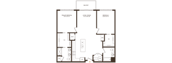 A floor plan of a house with a balcony, two bedrooms, a living/dining area, and a kitchen.