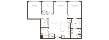 A floor plan of a house with a living room, dining area, kitchen, and two bedrooms.
