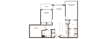 A floor plan of a house with a balcony, two bedrooms, a living/dining area, a den, and a primary bedroom.