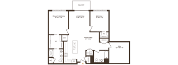 A floor plan of a house with a balcony, two bedrooms, a living room, a dining area, a kitchen, a bathroom, and a laundry room.