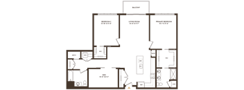 A floor plan of a house with a balcony, three bedrooms, a den, a living room, a dining room, a kitchen, and a laundry area.