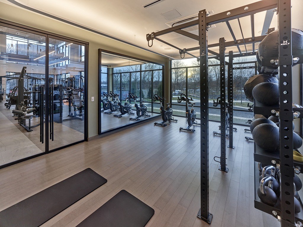 a gym with weights and cardio machines and glass doors
