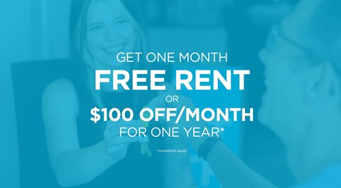 A promotional image offering free rent for one month or a $100 discount a month for one year.