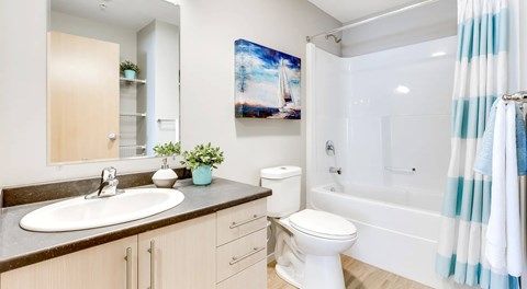 A bathroom with a white toilet, sink, and bathtub.
