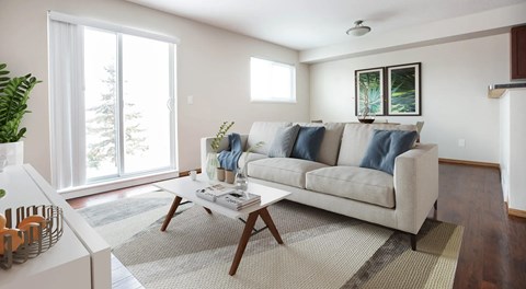 A living room with a couch, coffee table, and a plant.