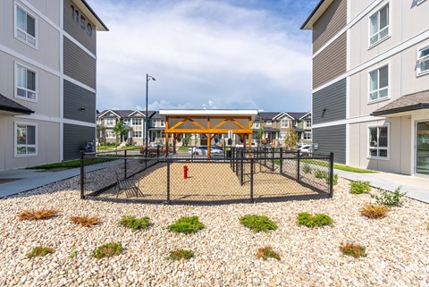 A playground with a swing set and a red fire hydrant.