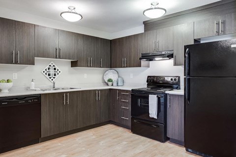 A kitchen with dark wood cabinets and appliances.