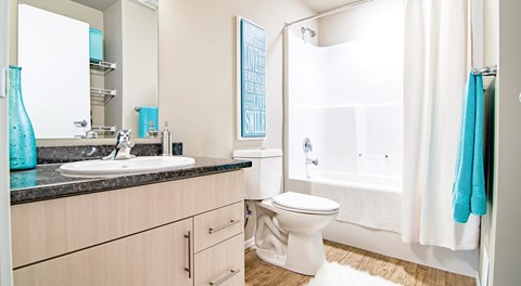 A bathroom with a white toilet, sink, and a shower