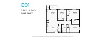 A floor plan for a 3 bedroom, 2 bathroom apartment sized at 1,047 square feet.