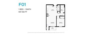 A floor plan for a 1 bedroom, 1 bathroom apartment that is 651 square feet.