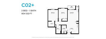 A floor plan for a 2 bedroom, 1 bathroom apartment that is 904 square feet.
