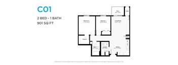 A floor plan for a 2 bedroom, 1 bathroom apartment is shown.
