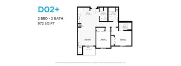 A floor plan for a 2 bedroom, 2 bathroom apartment sized at 972 square feet.