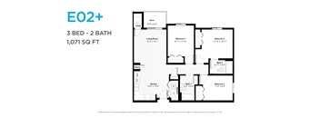 A floor plan for a 3 bedroom, 2 bathroom apartment sized at 1,071 square feet.