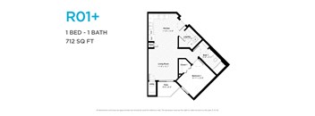 A floor plan for a 1 bedroom, 1 bathroom apartment sized at 712 square feet.