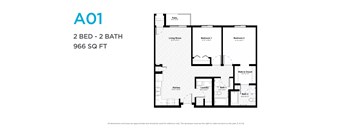 A floor plan for a 2 bedroom, 2 bathroom apartment sized at 966 square feet.