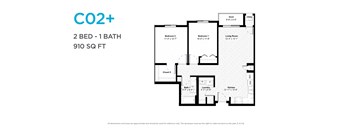 A floor plan for a CO2+ apartment with two bedrooms and one bathroom.