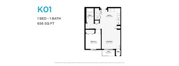 A floor plan for a 1 bedroom, 1 bathroom apartment sized at 656 square feet.