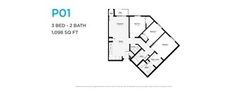 A floor plan for a 3 bedroom, 2 bathroom apartment sized at 1,098 square feet.