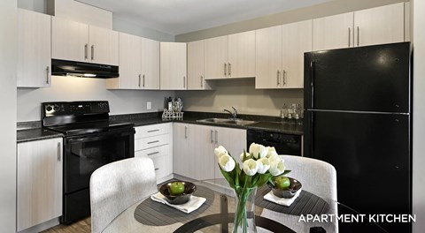 Apartment kitchen with light cabinets and black appliances a kitchen table sits in the centre