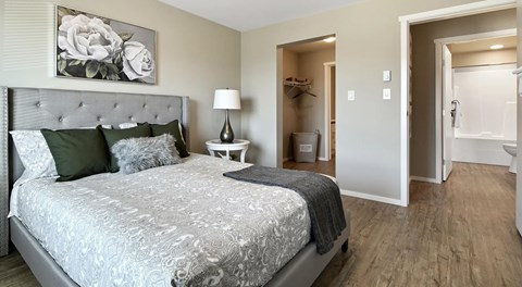 A bedroom with a large bed and a walk through closet