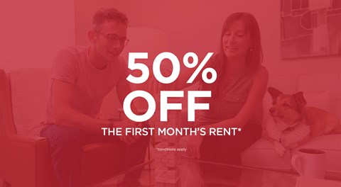 A promotional image offering a 50% discount on the first month's rent.
